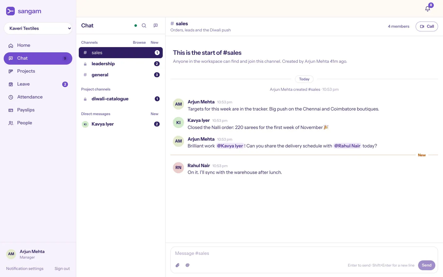 Sangam chat: the #sales channel with mentions and an unread divider