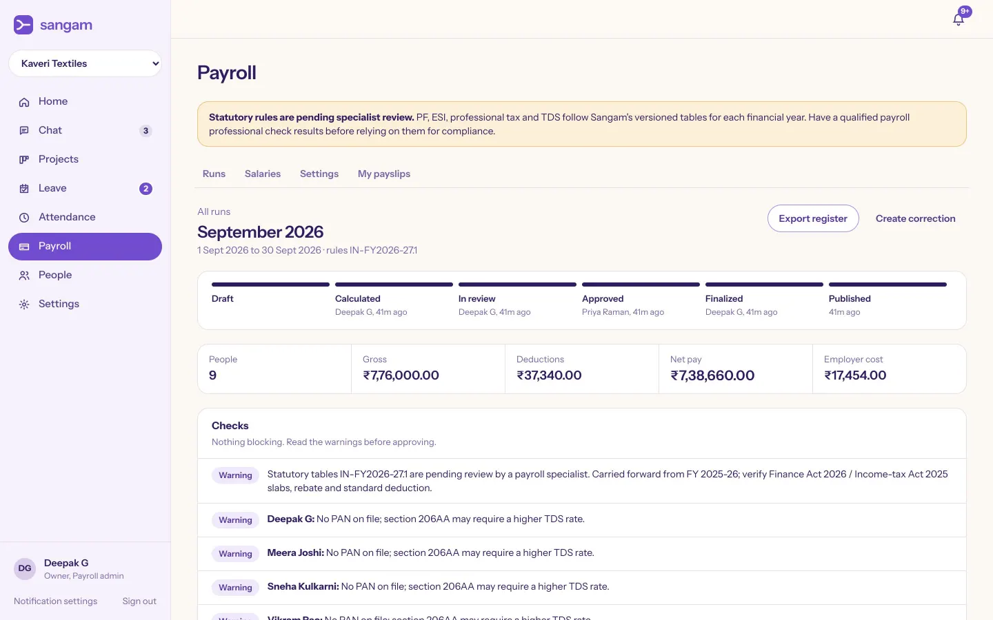 A payroll run in review with totals and checks