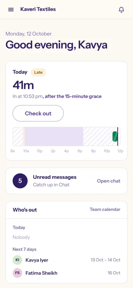 Sangam on a phone: today's check-in and leave balances